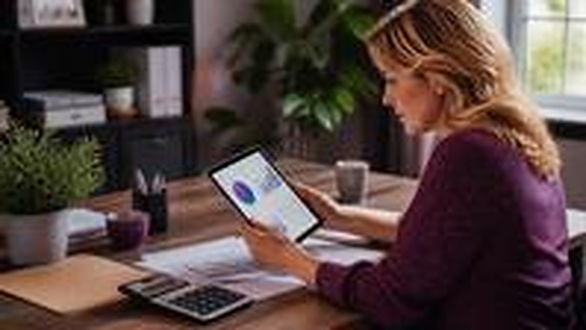 Empreendedora revisando gráficos financeiros em um tablet na mesa de trabalho