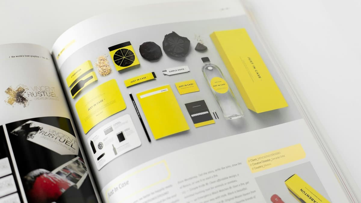 Revista aberta mostrando um projeto de identidade de marca em amarelo