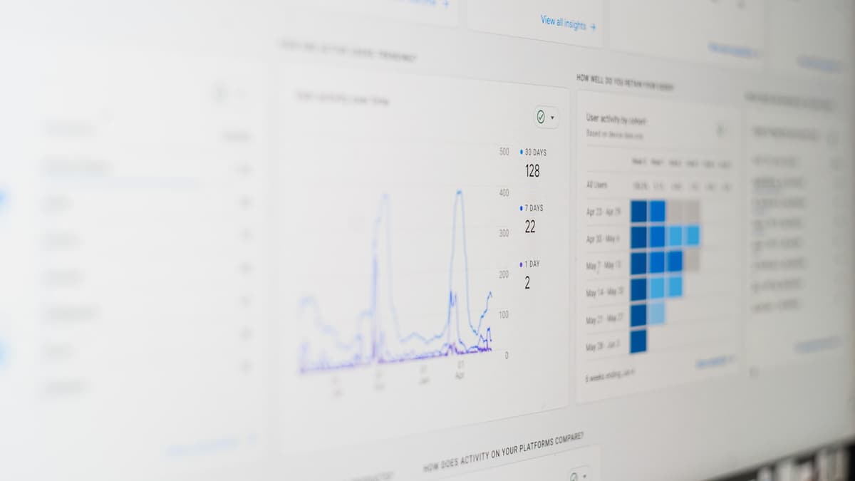 Tela de computador mostrando gráficos de análise de tráfego e SEO