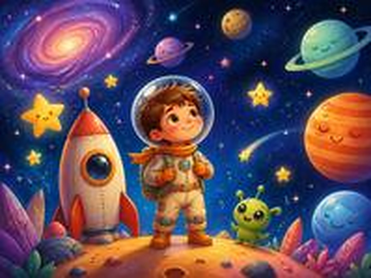 Ilustração de livro infantil personalizado com criança em aventura espacial