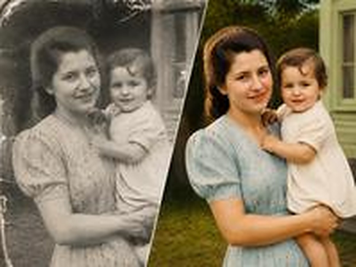 Foto antiga em preto e branco sendo restaurada e colorizada com IA