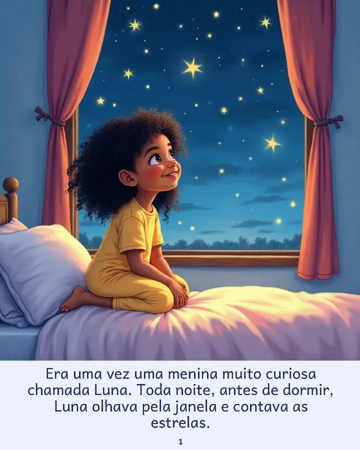 Página 1: Luna olha as estrelas pela janela antes de dormir
