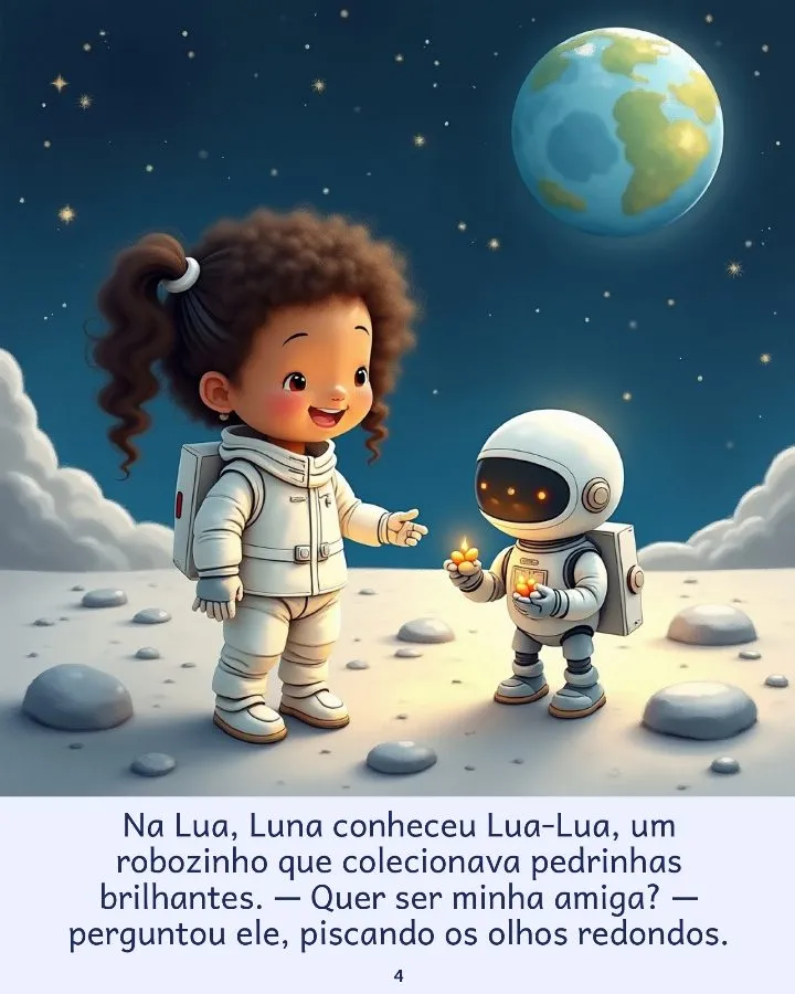 Página 4: Luna conhece o robozinho Lua-Lua na Lua